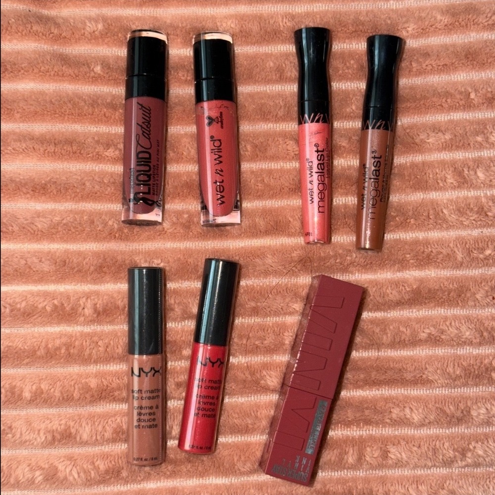 Lipstick Bundle Maybelline NYX Wet n Wild Matte Vinyl Nudes Pink Coral 7pc Set